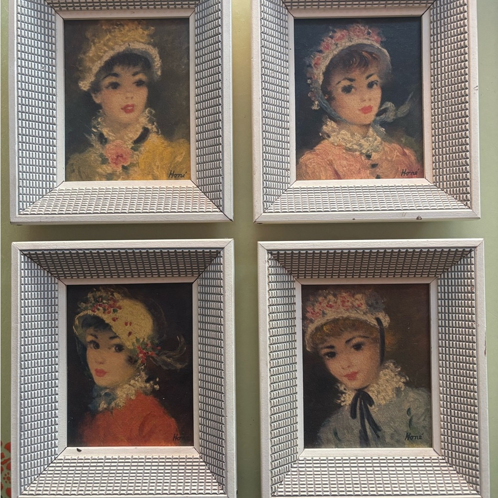4 Vintage Hone’ French Framed Print Paintings Women In Floral Bonnet 4 x 5